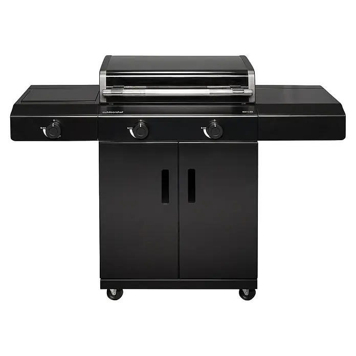 Outdoorchef Plancha-Grill Heat C265 - Grillfläche (B x T): 62 x 37 cm, 7,2 kW, Anzahl Brenner: 2 Stk., Schwarz - Schwarzer Gasgrill mit drei Drehknöpfen, Seitenablagen und einem Schrank auf Rollen.