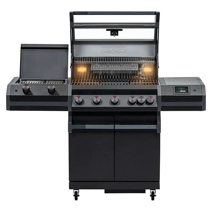 Grillfürst Gasgrill Independence P530G Smart - Grillfläche (B x T): 72 x 41,5 cm, 13 kW, Anzahl Brenner: 5 Stk. - Großer anthrazitfarbener Gasgrill mit geöffnetem Deckel, Innenbeleuchtung, Seitenplatte und Unterschrank auf Rollen.
