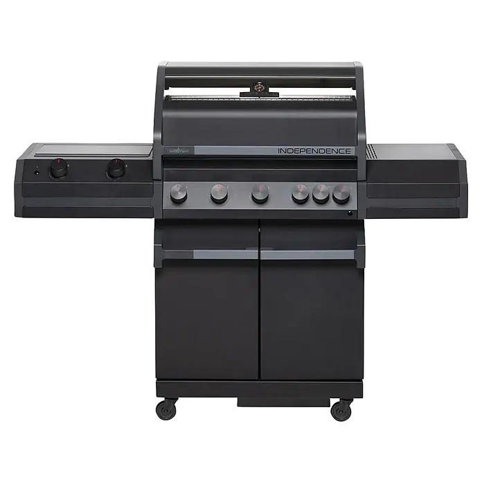 Grillfürst Gasgrill Independence P530G - Grillfläche (B x T): 72 x 41,5 cm, 13 kW, Anzahl Brenner: 5 Stk. - Dunkelgrauer Gasgrill mit mehreren Brennern, Seitenablagen und einem Unterschrank auf Rollen.