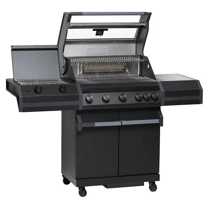 Grillfürst Gasgrill Independence P530G - Grillfläche (B x T): 72 x 41,5 cm, 13 kW, Anzahl Brenner: 5 Stk. - Schwarzer Gasgrill mit geöffnetem Deckel, mehreren Brennern, Seitenablagen und einem Unterschrank auf Rollen.