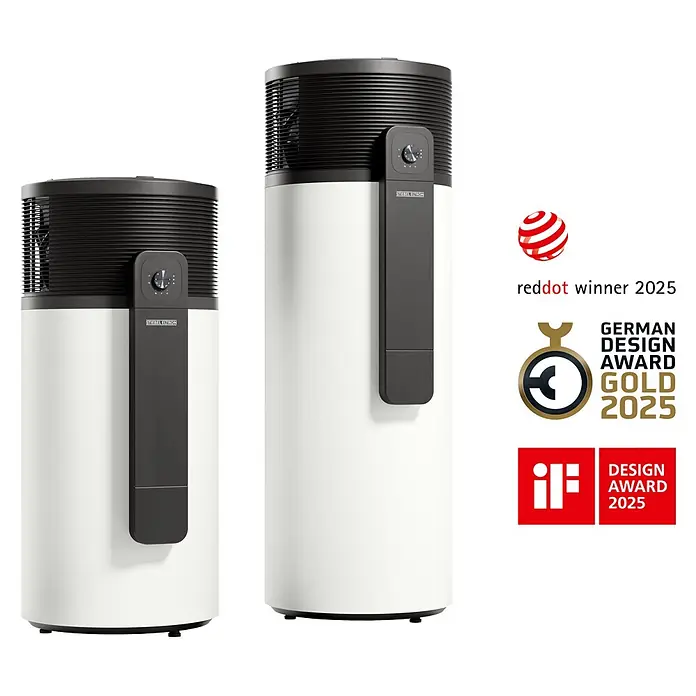 Stiebel Eltron Warmwasser-Wärmepumpe WWK-I 300 Plus - Heizleistung: 1,845 W, Fassungsvermögen: 300 l - Zwei moderne, zylindrische Stiebel Eltron Warmwasser-Wärmepumpen; weiß mit schwarzen Oberteilen und dunkelgrauen Bedienfeldern.
