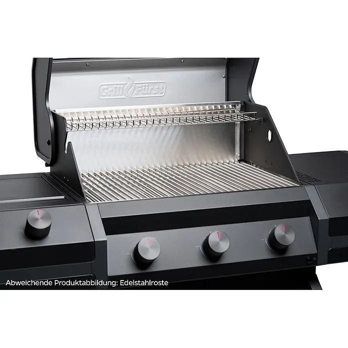 Grillfürst Gasgrill Independence P330G - Grillfläche (B x T): 60 x 41,5 cm, 10,2 kW, Anzahl Brenner: 3 Stk. - Schwarzer Gasgrill mit offenem Deckel, Edelstahl-Interieur, Warmhalterost und Grillrosten. Mit Bedienknöpfen.