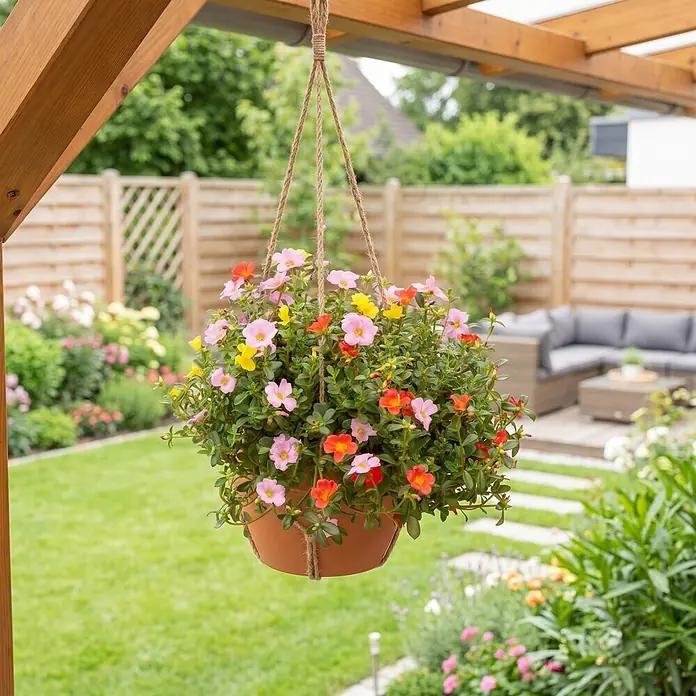 Piardino Portulak Ampel - Portulaca umbraticola, Topfgröße: 23 - Ein terrakottafarbener Hängekorb mit rosa, gelben und orangefarbenen Blumen, mit Seil an einer Holzpergola in einem Garten aufgehängt.
