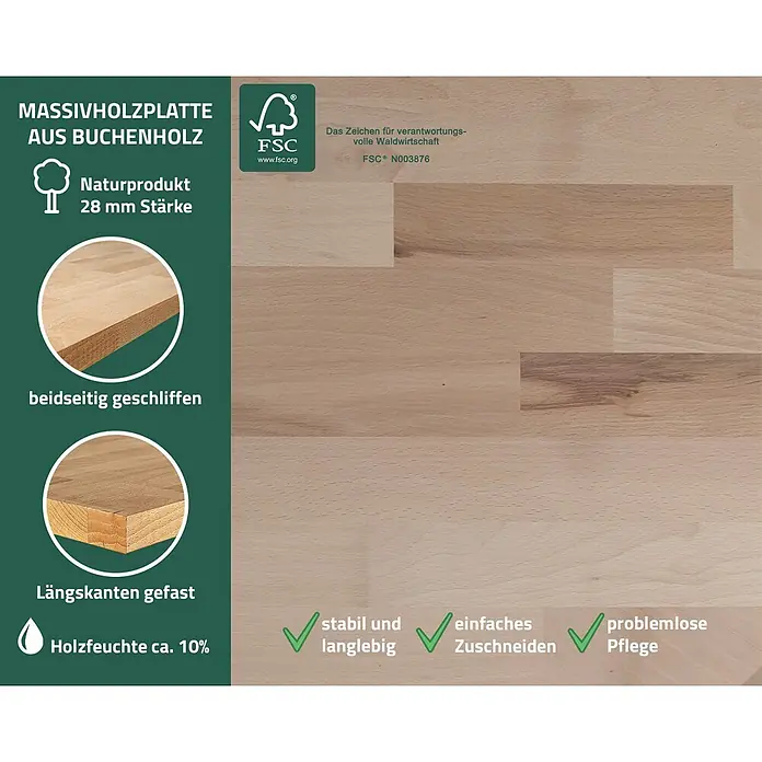 Ondis24 Werkbank-Set - L x B: 240 x 60 cm, Arbeitshöhe: 920 mm, Metall - Massivholzplatte aus Buche mit sichtbarer Maserung und einer dunkelgrünen Infotafel mit Details wie 28mm Stärke und FSC-Zertifizierung.