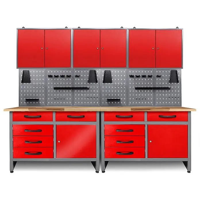 Werkstatt Set Werner 240 cm 3 Schränke Rot -  - Rot-graues Metall-Werkbanksystem mit Oberschränken, Lochwänden und Unterschränken/Schubladen für die Werkstatt.