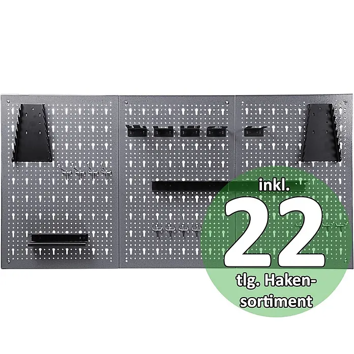Ondis24 Werkbank-Set - L x B: 240 x 60 cm, Arbeitshöhe: 850 mm, Metall - Graue Lochwand-Werkzeughalterung aus Metall mit verschiedenen schwarzen Haltern und silbernen Haken.