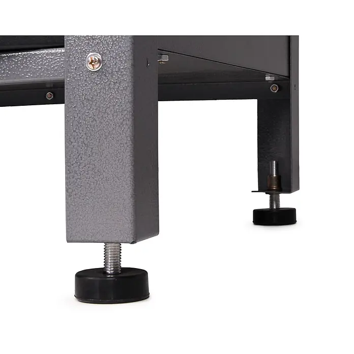 Ondis24 Werkbank-Set - L x B: 240 x 60 cm, Arbeitshöhe: 850 mm, Metall - Texturierte dunkelgraue Metallmöbelbeine mit schwarzen, verstellbaren Nivellierfüßen.