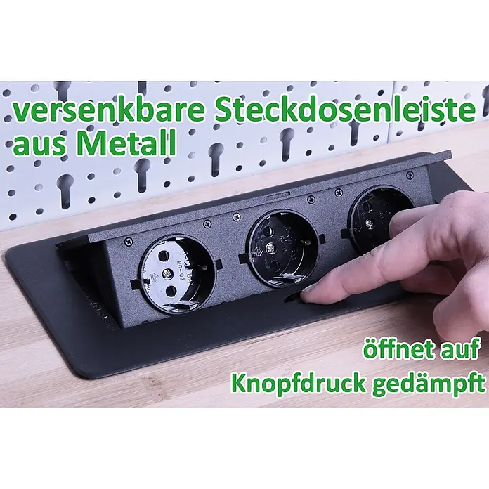 Ondis24 Werkbank-Set - L x B: 240 x 60 cm, Arbeitshöhe: 850 mm, Metall - Schwarze versenkbare Metall-Steckdosenleiste, eingelassen, öffnet gedämpft per Knopfdruck.