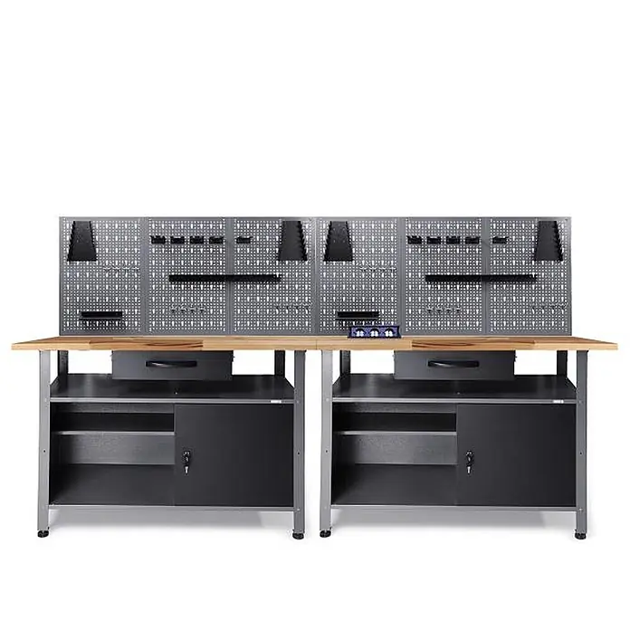 Ondis24 Werkbank-Set - L x B: 240 x 60 cm, Arbeitshöhe: 850 mm, Metall - Zwei graue und schwarze Werkbänke mit Holzarbeitsplatten, Lochwänden zur Werkzeugorganisation und Lagerschränken.
