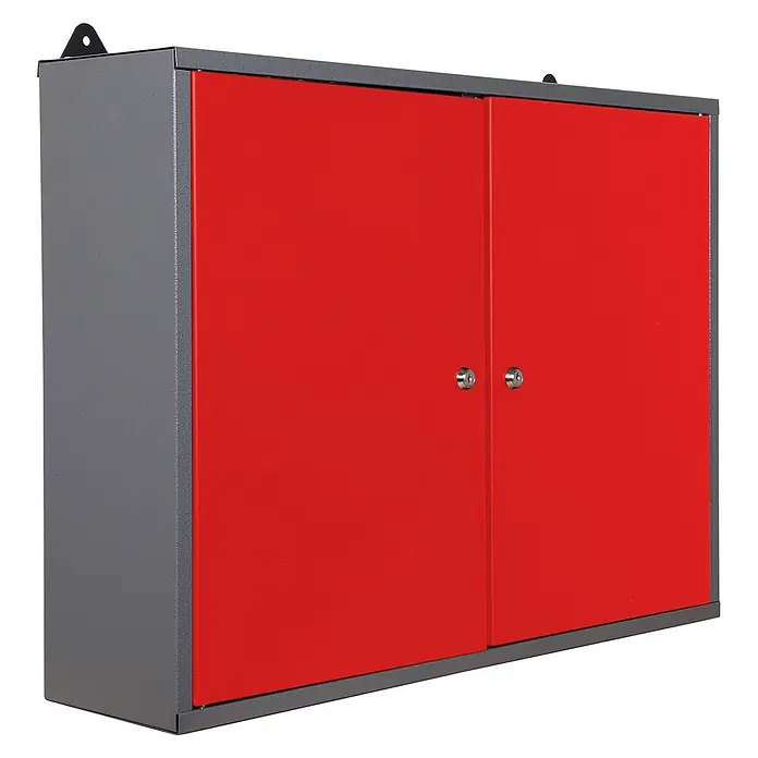 Ondis24 Werkbank-Set - L x B: 240 x 60 cm, Arbeitshöhe: 850 mm, Metall - Metall-Wandschrank mit grauem Rahmen und zwei abschließbaren roten Türen.