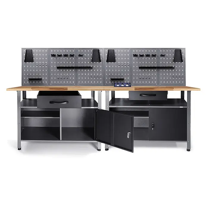 Ondis24 Werkbank-Set - L x B: 240 x 60 cm, Arbeitshöhe: 850 mm, Metall - Graue Metallwerkbank mit Holzplatte, Werkzeugwänden, mehreren Schubladen und Schränken mit Regalen, eine Tür offen.