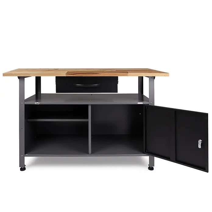 Ondis24 Werkbank-Set - L x B: 240 x 60 cm, Arbeitshöhe: 850 mm, Metall - Graue Werkbank mit heller Holzplatte, offener Schublade und geöffnetem Schrank mit Regalen. Mit verstellbaren Füßen.