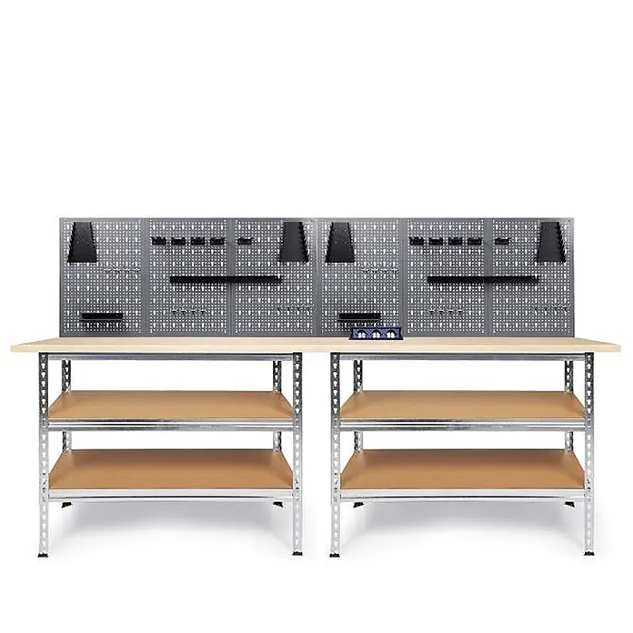 Ondis24 Werkbank-Set - L x B: 240 x 60 cm, Arbeitshöhe: 920 mm, Metall - Metall-Werkbank mit heller Holzplatte und Regalen, inklusive großer grauer Lochwand mit Aufbewahrungszubehör.