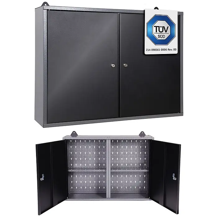 Ondis24 Werkbank-Set - L x B: 240 x 60 cm, Arbeitshöhe: 850 mm, Metall - Grauer Metall-Wandschrank mit abschließbaren Doppeltüren und perforiertem Innenraum für Haken/Lagerung.
