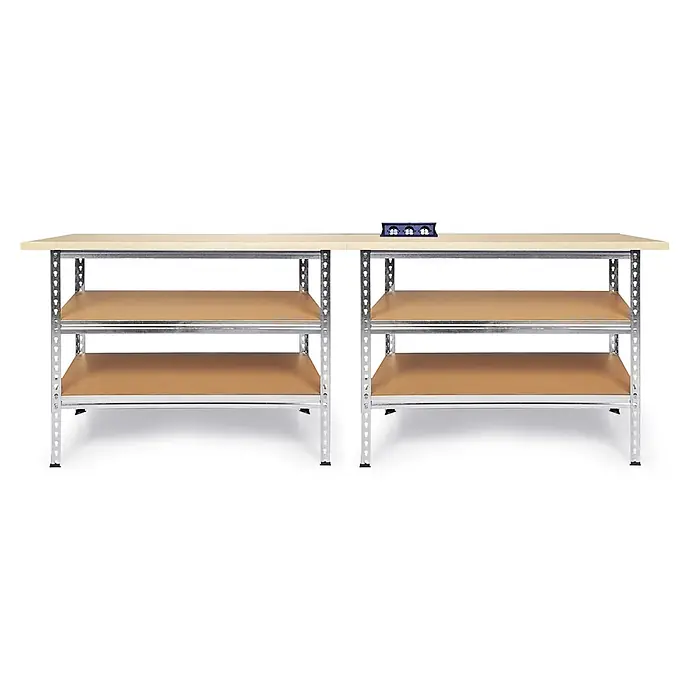 Ondis24 Werkbank-Set - L x B: 240 x 60 cm, Arbeitshöhe: 920 mm, Metall - Metall-Werkbank mit heller Holzplatte, braunen Ablagen und 3-fach Steckdosenleiste.