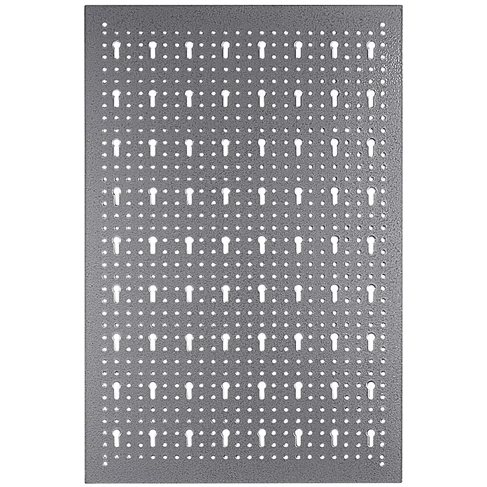 Ondis24 Werkbank-Set - L x B: 240 x 60 cm, Arbeitshöhe: 850 mm, Metall - Graue Metall-Lochplatte mit runden und Schlüsselloch-förmigen Löchern zur Werkzeugaufbewahrung.