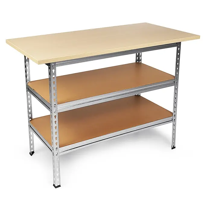 Ondis24 Werkbank-Set - L x B: 240 x 60 cm, Arbeitshöhe: 920 mm, Metall - Eine Metallwerkbank mit heller Holzplatte und zwei braunen Regalböden.