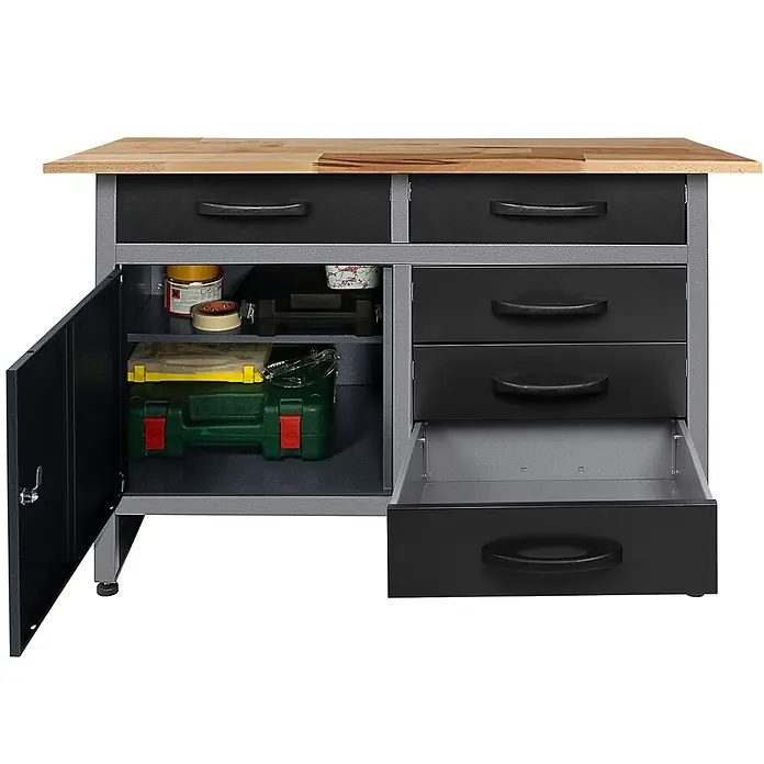 Werkstatt Set Holge/Wernerr 240 cm 160/80 -  - Metall-Werkbank mit Holzplatte, schwarzen Schubladen (eine offen) und Schrank zur Werkzeugaufbewahrung.