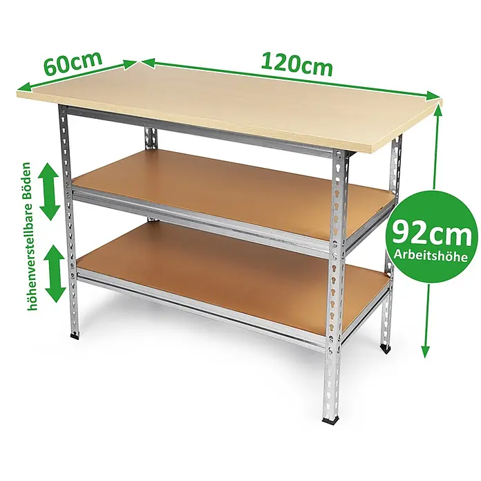 Ondis24 Werkbank-Set - L x B: 240 x 60 cm, Arbeitshöhe: 920 mm, Metall - Metall-Werkbank mit heller Holzplatte und zwei höhenverstellbaren Böden. Maße: 120x60cm, 92cm Arbeitshöhe.