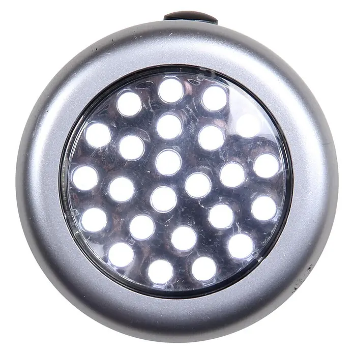 Ondis24 Werkbank-Set - L x B: 240 x 60 cm, Arbeitshöhe: 850 mm, Metall - Runde, silberne LED-Druckleuchte mit 18 hellen weißen LEDs und einem schwarzen Einschaltknopf.