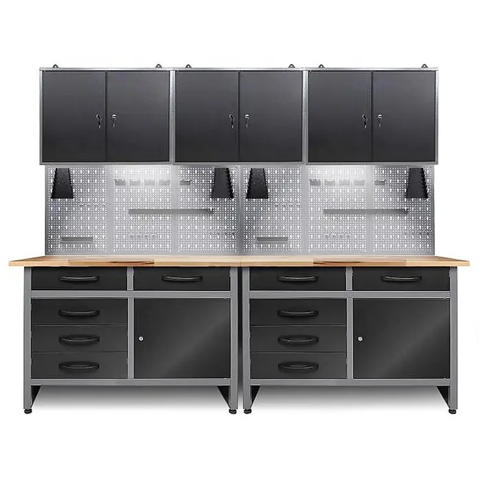 Ondis24 Werkbank-Set - Arbeitshöhe: 850 mm, Metall - Schwarz-graues Werkbank-System mit Holzplatte, Hängeschränken, Lochwänden und Unterschränken mit Schubladen und Türen.