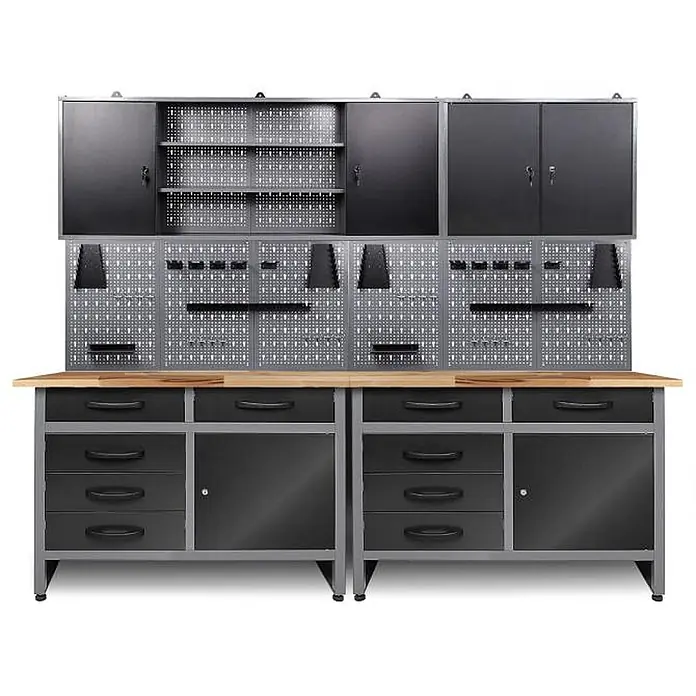 Ondis24 Werkbank-Set - Arbeitshöhe: 850 mm, Metall - Schwarz-graues Metall-Werkstattsystem mit Holz-Arbeitsplatte, Lochwänden und Hängeschränken.