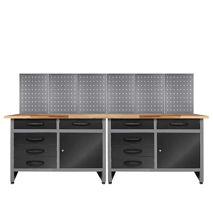 Werkstatt Set Holger 240cm + 6LW -  - Modulares Werkbanksystem mit heller Holzplatte, grauem Rahmen, schwarzen Schubladen/Schränken und grauer Lochwand zur Werkzeugaufbewahrung.