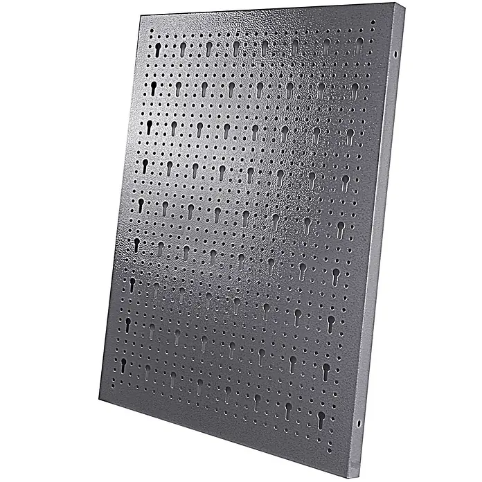 Ondis24 Werkbank-Set - L x B: 240 x 60 cm, Arbeitshöhe: 850 mm, Metall - Strukturierte, metallicgraue Lochplatte mit Rund- und Schlüssellochbohrungen zur vielseitigen Aufbewahrung.
