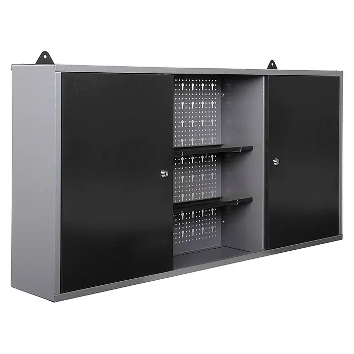 Ondis24 Werkbank-Set - L x B: 240 x 60 cm, Arbeitshöhe: 850 mm, Metall - Grau-schwarzer Metall-Wandschrank mit Schiebetüren, zentraler Lochwand und Einlegeböden zur Aufbewahrung.