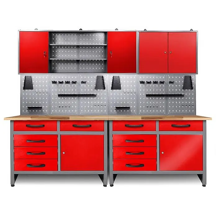 Werkstatt Set Holger 240 cm 3trg 160cm 2trg Rot -  - Rot-graue Metall-Werkbank mit Holzarbeitsplatte, Oberschränken, Lochwand und Unterschränken mit Schubladen und Türen für Werkzeuge.