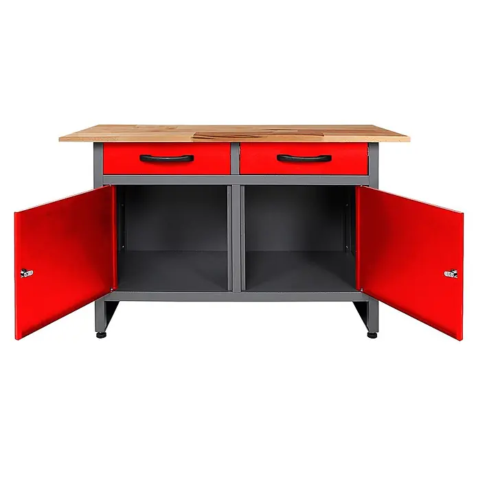 Ondis24 Werkbank-Set - Arbeitshöhe: 850 mm, Metall - Werkbankunterschrank aus Metall mit Holzplatte, zwei roten Schubladen und zwei roten Unterschränken mit geöffneten Türen.