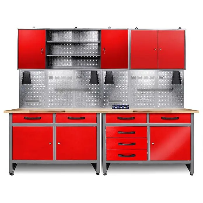 Ondis24 Werkbank-Set - Arbeitshöhe: 850 mm, Metall - Rot-graue Metall-Werkbank mit Holzplatte, Lochwand, Schubladen und Hängeschränken zur Werkstattlagerung.