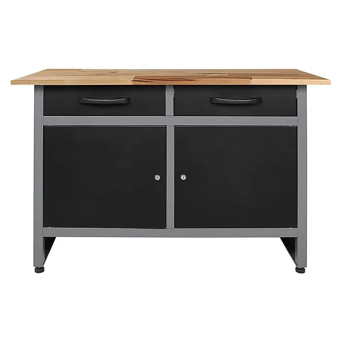 Ondis24 Werkbank-Set - L x B: 240 x 60 cm, Arbeitshöhe: 850 mm, Metall - Werkbank mit Holzplatte, grauem Metallrahmen, zwei schwarzen Schubladen und zwei verschließbaren schwarzen Schränken.