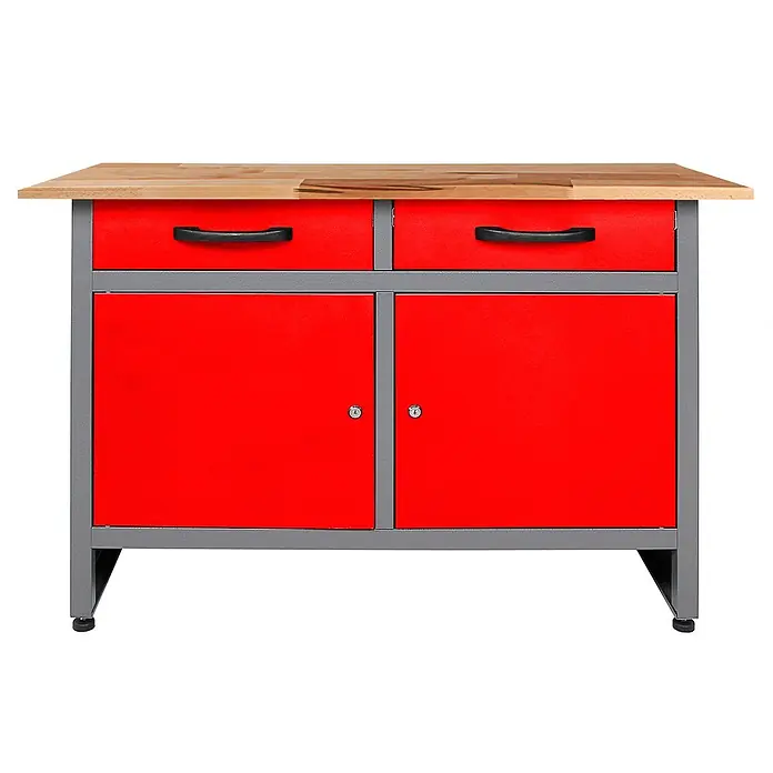 Ondis24 Werkbank-Set - Arbeitshöhe: 850 mm, Metall - Rote und graue Metall-Werkbank mit Holzplatte, zwei Schubladen und zwei verschließbaren Schränken.
