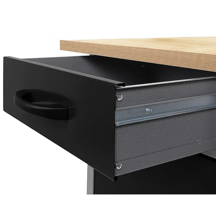 Ondis24 Werkbank Bernd - L x B: 60 x 60 cm, Arbeitshöhe: 850 mm, Belastbarkeit: 380 kg, Schwarz - Offene schwarze Metallschublade mit Griff und Holzplatte, die den Auszugsmechanismus zeigt.