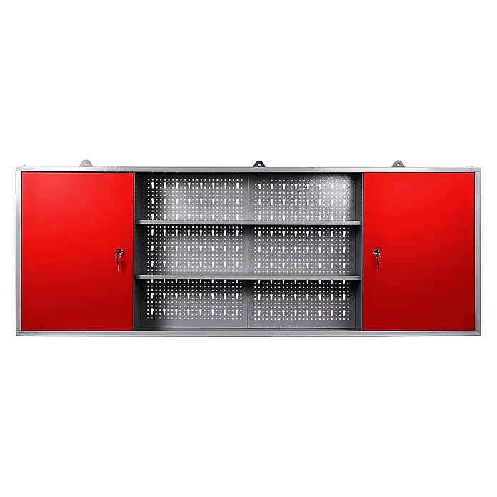 Ondis24 Werkbank-Set - L x B: 240 x 60 cm, Arbeitshöhe: 850 mm, Metall - Roter und grauer Metall-Wandschrank mit zwei abschließbaren Türen, zwei Regalböden und Lochrückwänden zur Werkzeugaufbewahrung, inklusive Hängehalterungen.