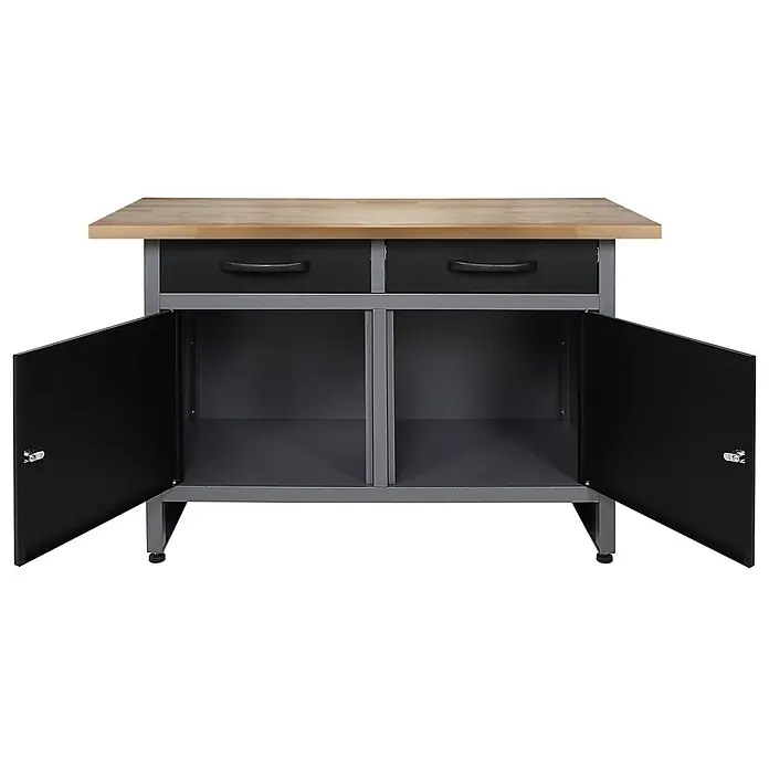 Ondis24 Werkbank-Set - L x B: 240 x 60 cm, Arbeitshöhe: 850 mm, Metall - Werkbank aus Metall mit Holzarbeitsplatte, zwei schwarzen Schubladen und zwei offenen Schranktüren mit Stauraum. Mit verstellbaren Füßen.