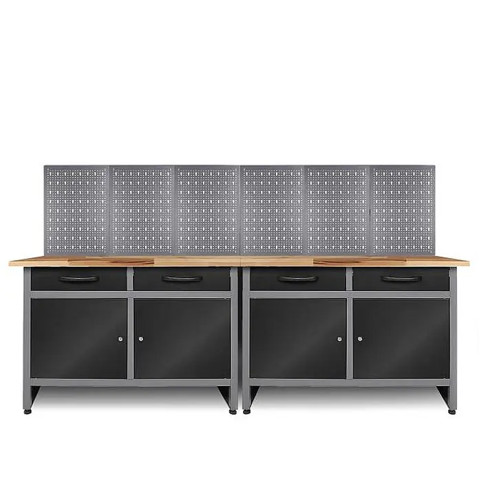 Ondis24 Werkbank-Set - L x B: 240 x 60 cm, Arbeitshöhe: 850 mm, Metall - Modulare Werkbank mit heller Holzplatte, schwarzen Schränken und grauer Lochwand zur Werkzeugaufbewahrung.