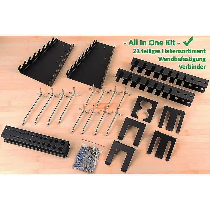 Ondis24 Werkbank-Set - L x B: 240 x 60 cm, Arbeitshöhe: 850 mm, Metall - Umfassendes 22-teiliges Werkzeug-Organisationskit aus schwarzem und silbernem Metall, mit verschiedenen Haltern, Haken und Wandbefestigungsmaterial.