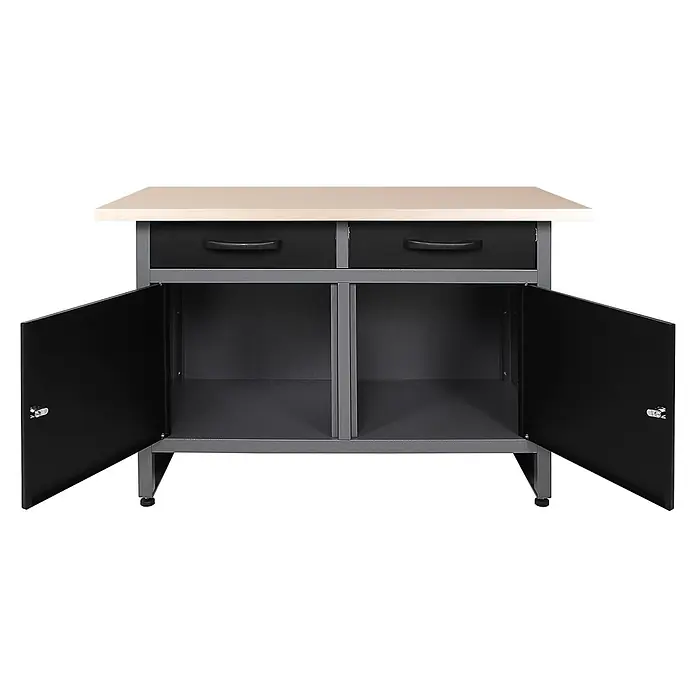 Ondis24 Werkbank-Set - L x B: 240 x 60 cm, Arbeitshöhe: 850 mm, Metall - Metall-Werkbank mit heller Holzplatte, zwei schwarzen Schubladen, zwei offenen Schränken mit schwarzen Türen und Schlössern, auf verstellbaren Füßen.