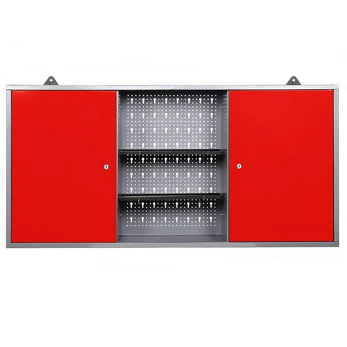 Ondis24 Werkbank-Set - Arbeitshöhe: 850 mm, Metall - Roter und grauer Metallschlüsselschrank mit zwei Schiebetüren und einer Lochwand zur Schlüsselorganisation.