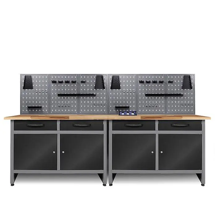 Ondis24 Werkbank-Set - L x B: 240 x 60 cm, Arbeitshöhe: 850 mm, Metall - Große grau-schwarze Metallwerkbank mit Holzplatte, Schubladen, Schränken und grauer Lochwand zur Werkzeugaufbewahrung.