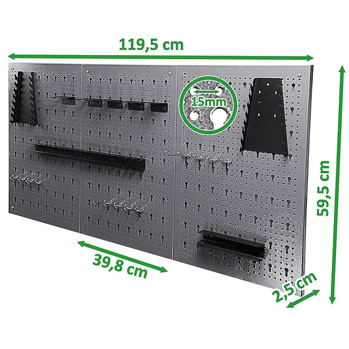 Ondis24 Werkbank-Set - L x B: 240 x 60 cm, Arbeitshöhe: 850 mm, Metall - Graue Metall-Lochwand für die Werkstattorganisation, ausgestattet mit verschiedenen Haken und Haltern.