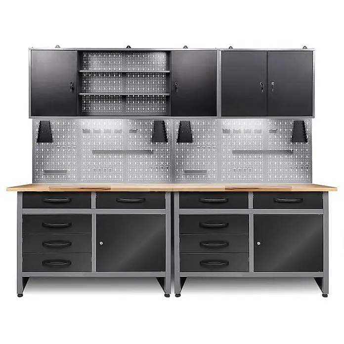 Ondis24 Werkbank-Set - Arbeitshöhe: 850 mm, Metall - Schwarzes und graues Metall-Garagenlagersystem mit Holzwerkbank, Lochplatte, Hängeschränken und Unterschränken mit Schubladen und Türen.