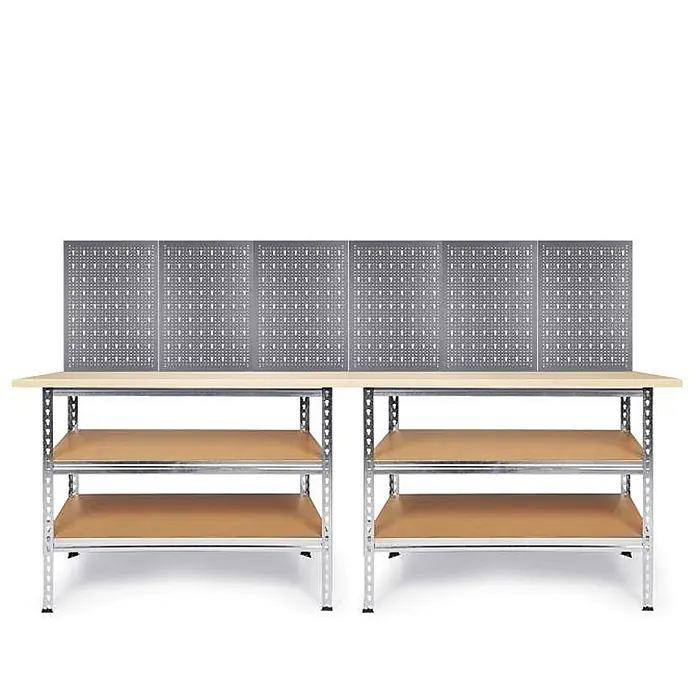 Ondis24 Werkbank-Set - L x B: 240 x 60 cm, Arbeitshöhe: 920 mm, Metall - Helle Holzwerkbank mit Metallgestell, zwei unteren Ablagen und grauer Metalllochwand zur Werkzeugaufbewahrung.
