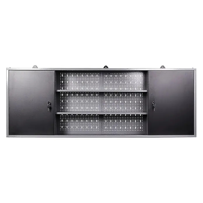 Ondis24 Werkbank-Set - L x B: 240 x 60 cm, Arbeitshöhe: 850 mm, Metall - Dunkelgrauer Metall-Wandschrank mit zwei abschließbaren Türen, zwei Regalböden und perforierten Rückwänden zur Werkzeugaufbewahrung.