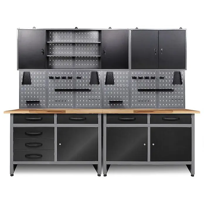 Ondis24 Werkbank-Set - Arbeitshöhe: 850 mm, Metall - Schwarzes und graues Metall-Werkbanksystem mit Holzplatte, mit Schränken, Schubladen und Lochwänden für Werkzeuge.