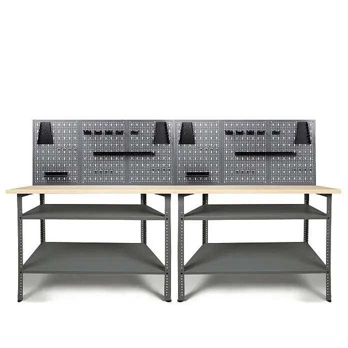 Ondis24 Werkbank-Set - L x B: 240 x 60 cm, Arbeitshöhe: 850 mm, Metall - Graue Metall-Werkbank mit heller Holzplatte, zwei Ablagen und Lochwand zur Werkzeugaufbewahrung.
