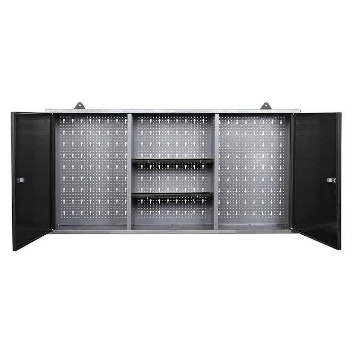 Ondis24 Werkbank-Set - L x B: 240 x 60 cm, Arbeitshöhe: 850 mm, Metall - Offener grauer Metall-Werkzeugschrank zur Wandmontage mit Lochplatten und zwei internen Regalböden für geordnete Werkzeugaufbewahrung.