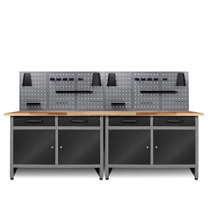 Ondis24 Werkbank-Set - L x B: 240 x 60 cm, Arbeitshöhe: 850 mm, Metall - Eine lange Werkbank mit Holzplatte, schwarzen Schränken und grauem Metallrahmen, mit grauem Lochwand-Organizer und Werkzeughaltern.